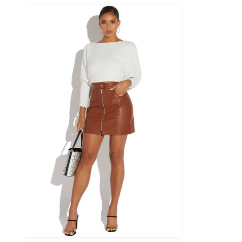 NWT Brown Leather Pocket Mini Skirt - Picture 2 of 7
